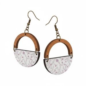 Wood & Floral Half-Moon Dangle Earrings - White/Pink